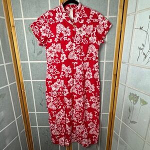 Karyl Kaye Hawaii Red Hibiscus Floral Cheongsam Maxi Dress Cotton Size 12 M519-2